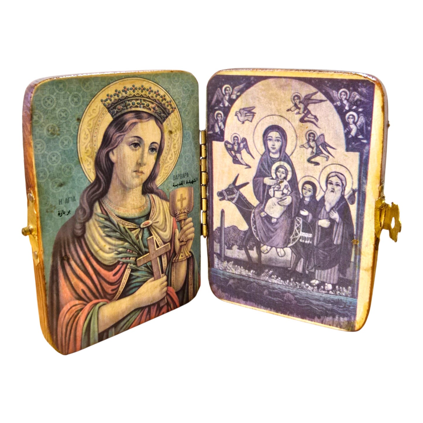 Vtg Wooden Folding Diptych Icons Lot of 2 Religious Pocket Keepsakes Saints Mary