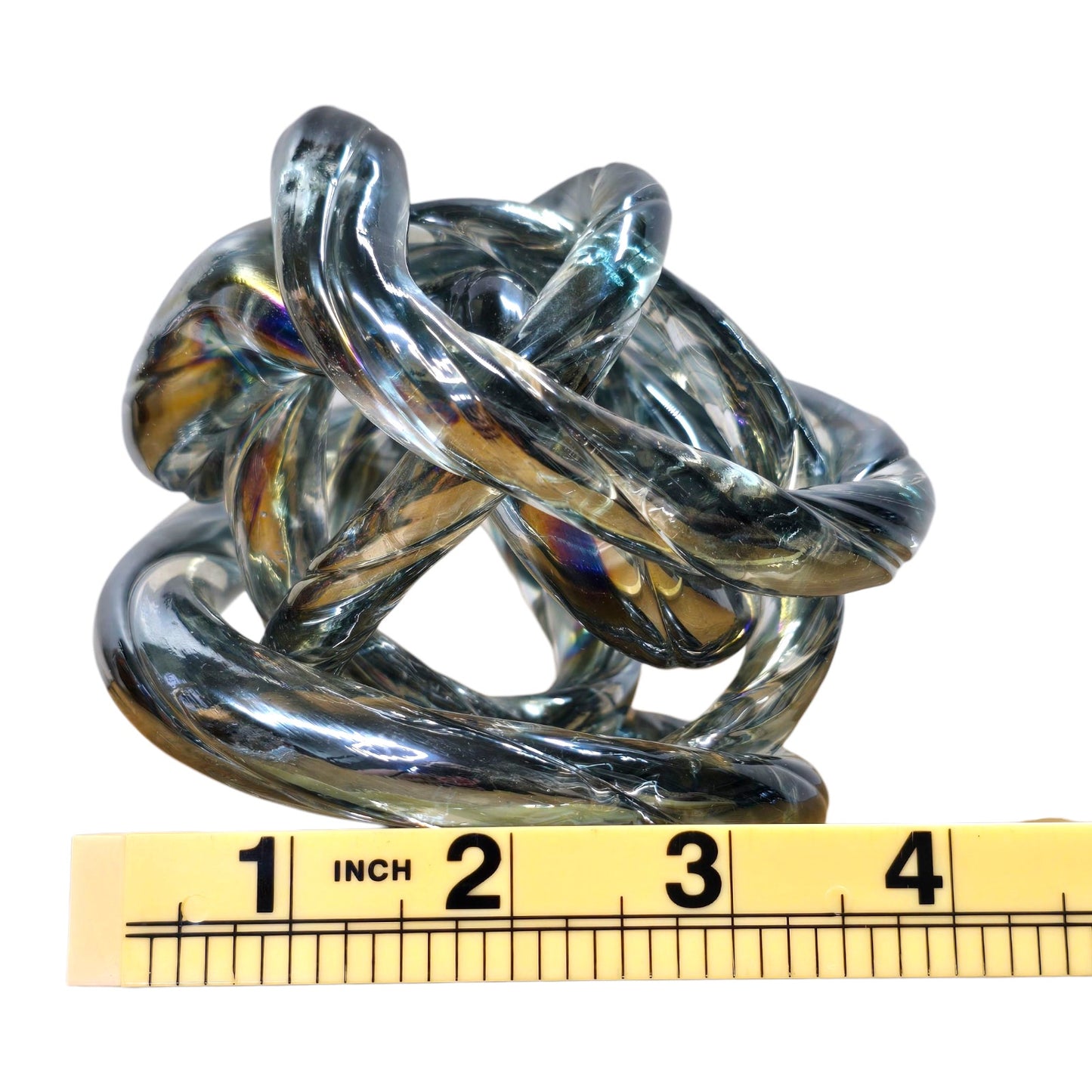 Iridescent Glass Infinity Knot Sculpture Twist Loop Orb Modern Home Decor Blue