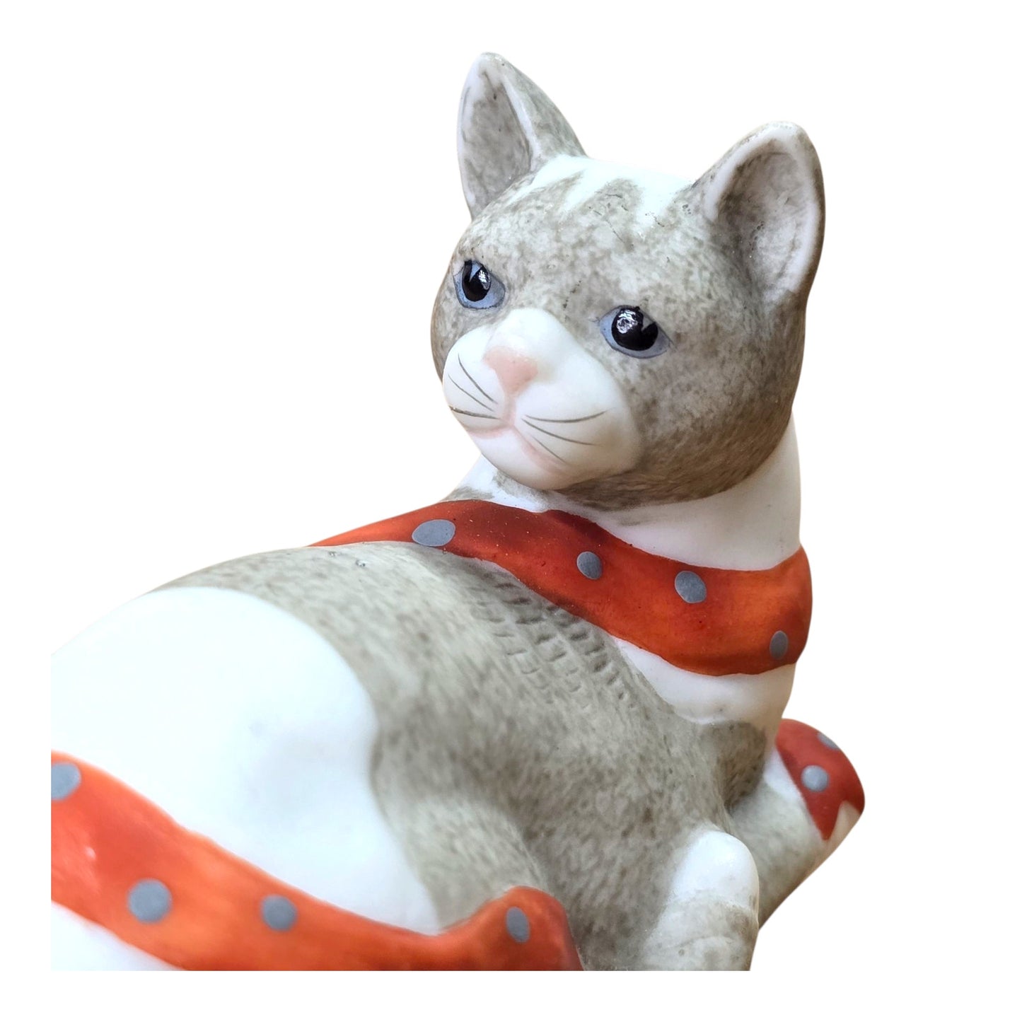 Vtg Silvestri Cat Figurine Handcrafted Taiwan Ceramic Gray White Orange Ribbon