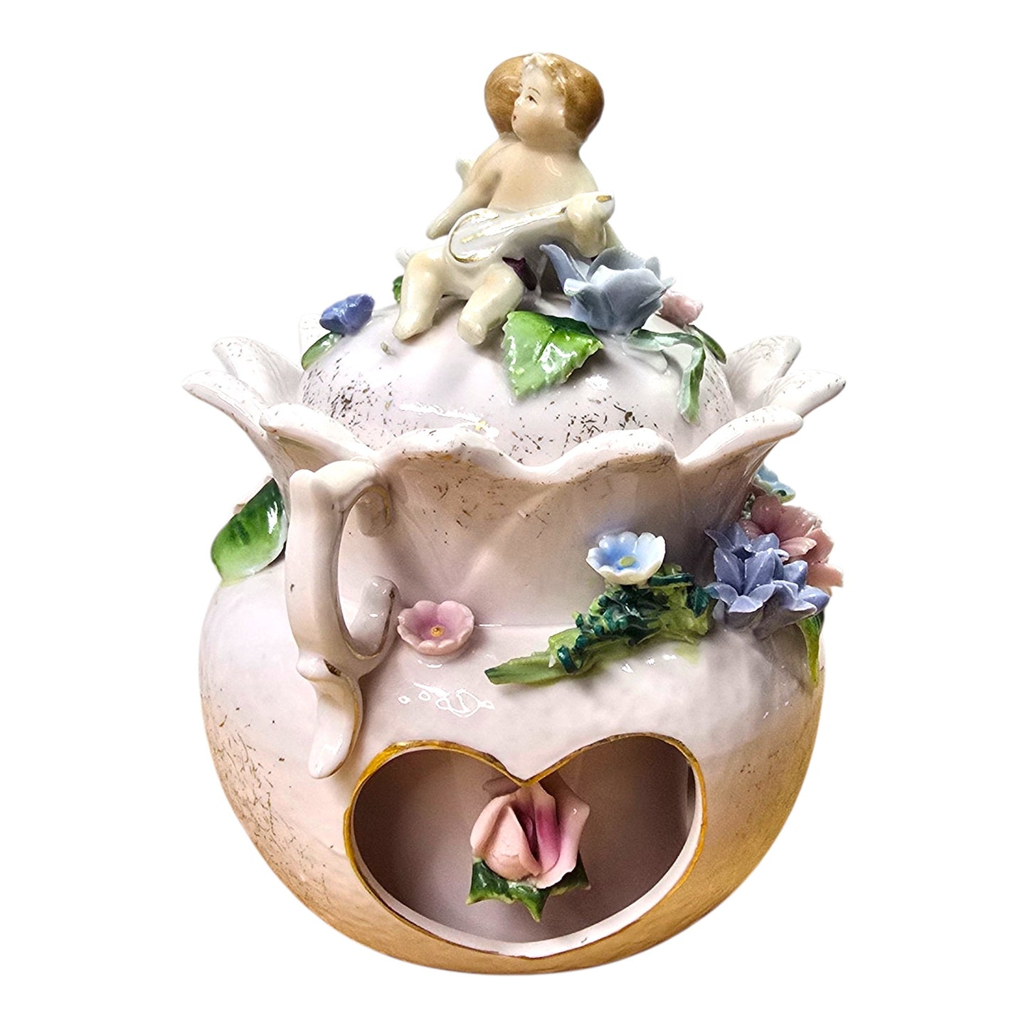 Vintage Capodimonte Style Porcelain Jar Cherub Lid Floral Applied Flowers Pink