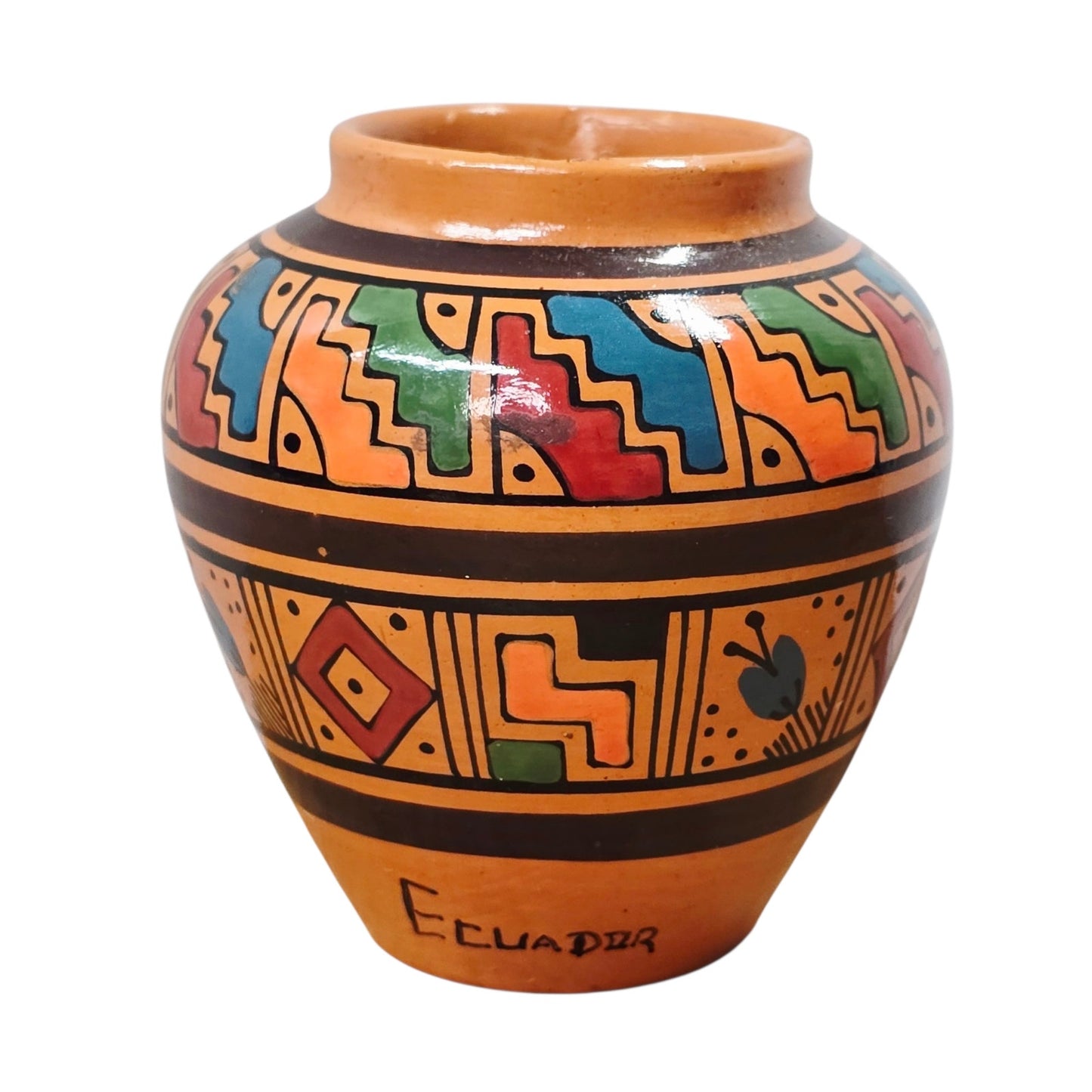 Miniature Ecuador Hand Painted Pottery Vase – Geometric Folk Art Pattern 3”H