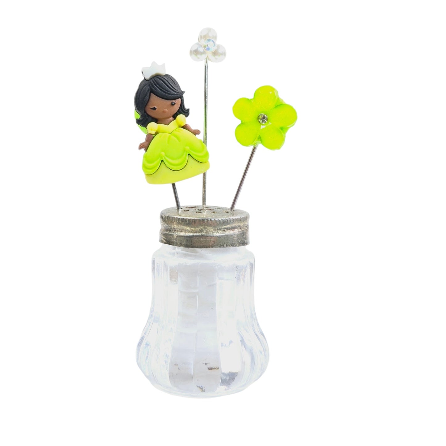 Vintage Green Whimsical Princess Salt Shaker Hat Pin Display