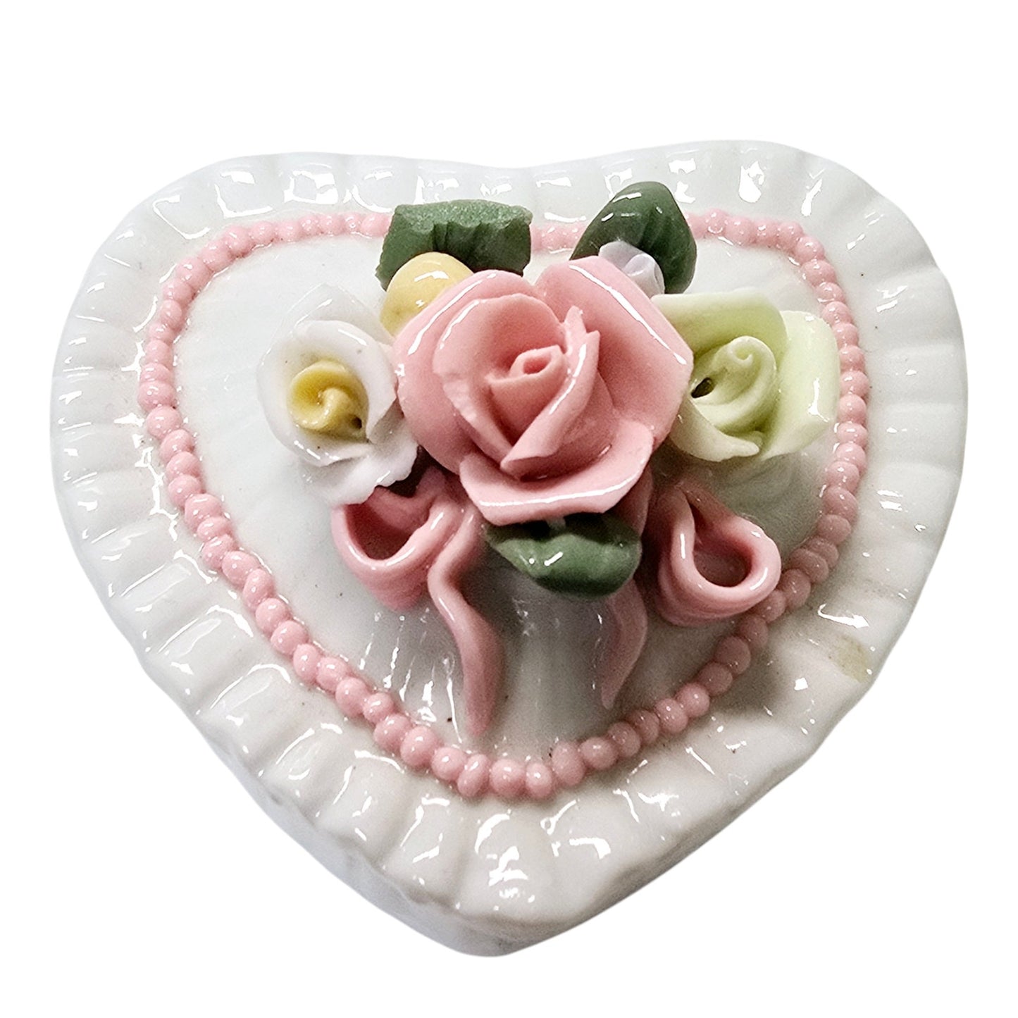 AS IS Vintage Heart Shaped Porcelain Trinket Box Ring Holder with Roses Accents