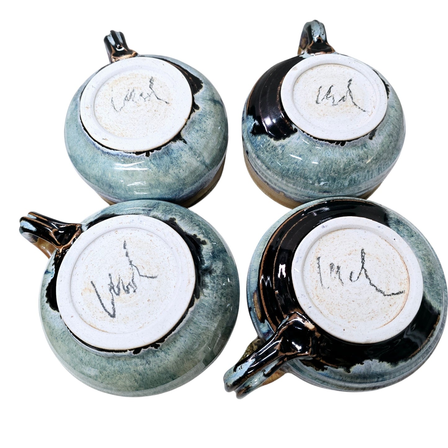Set of 4 Signed Studio Art Pottery Drip Glaze Stoneware Soup Mug with Handle Coffee / Cappuccino Mug