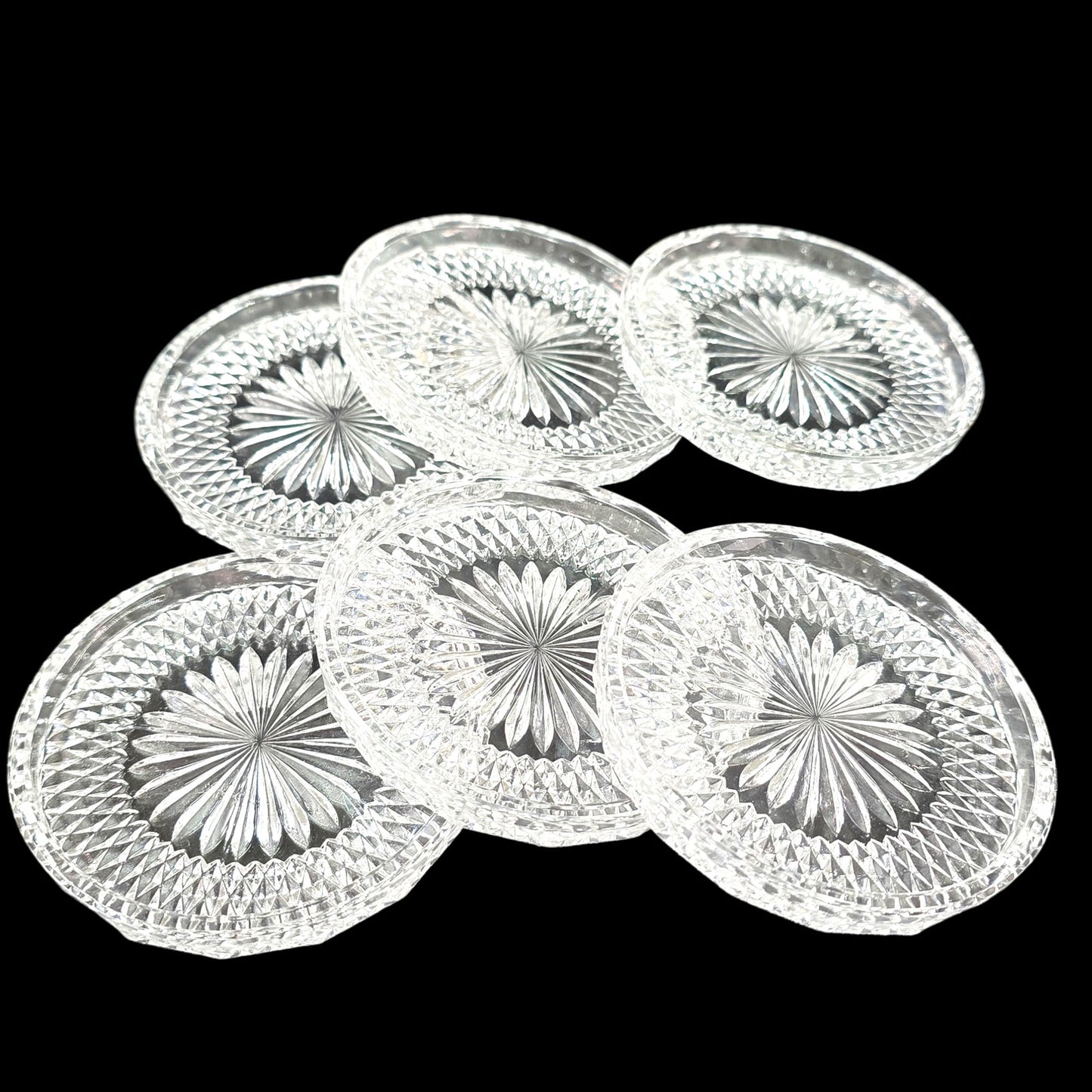 Vintage Clear Glass Coaster Set, Diamond Cut Coasters Set of 6