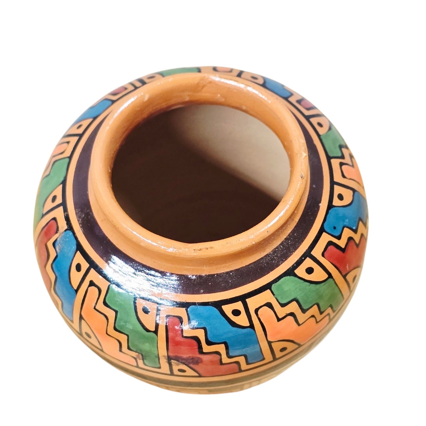 Miniature Ecuador Hand Painted Pottery Vase – Geometric Folk Art Pattern 3”H