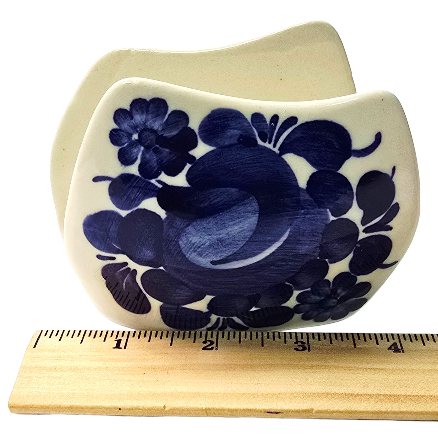 Vintage Polish Pottery Napkin Holder Letter Holder Blue Floral Design Marked