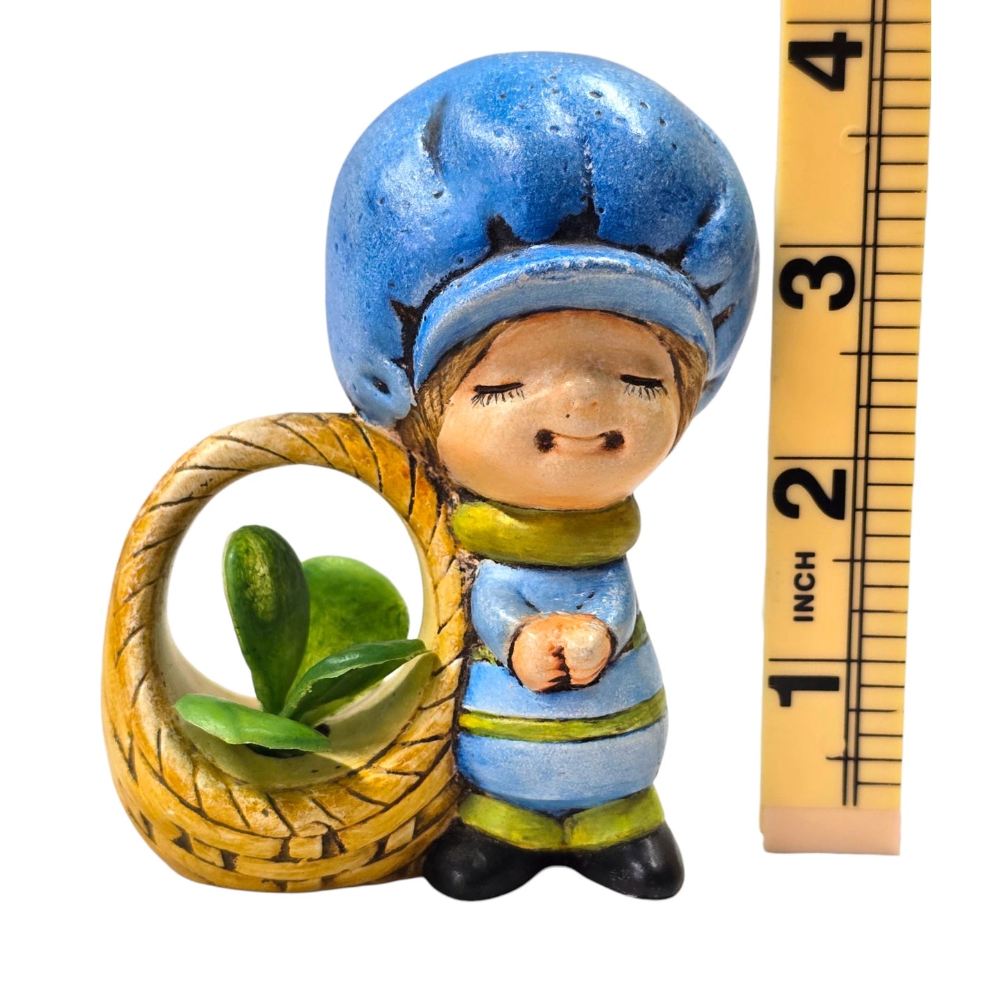 Vtg Big Bonnet Girl Figurine Basket Planter Blue Hat Air Plant Holder 3"