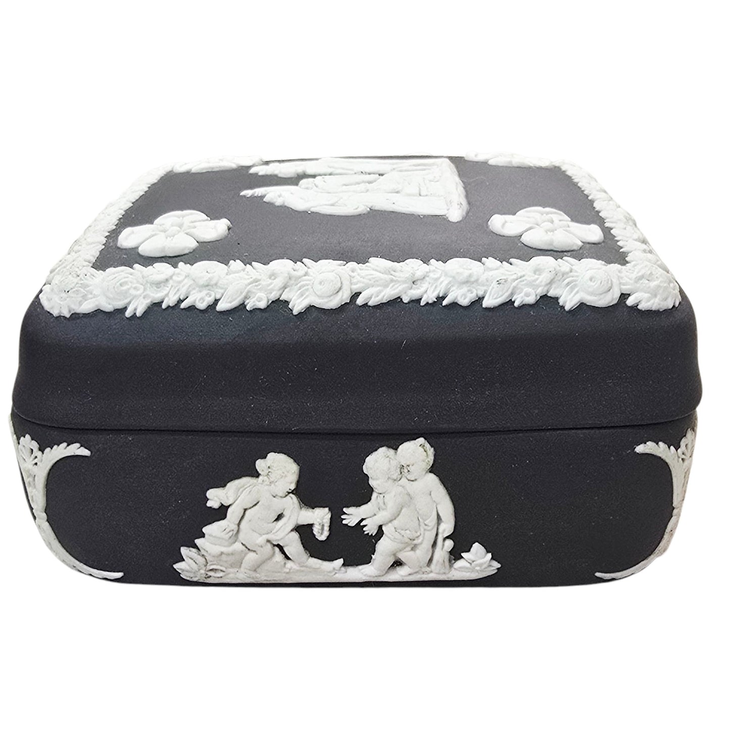 Wedgwood Black Basalt Jasperware trinket box Square Cherubs Courting Couples Made in England