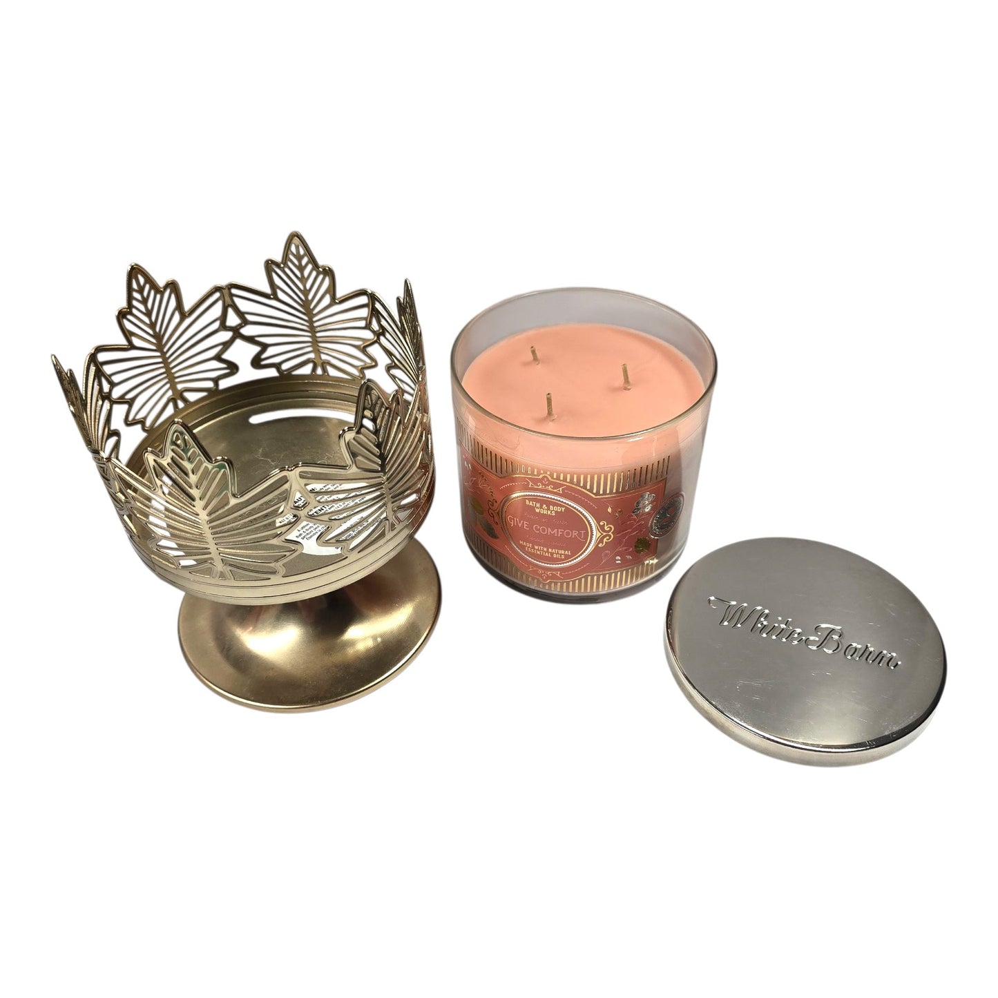 Bath & Body Works Gold Pedestal Maple Leaf Candle Holder + Peach on Earth Candle