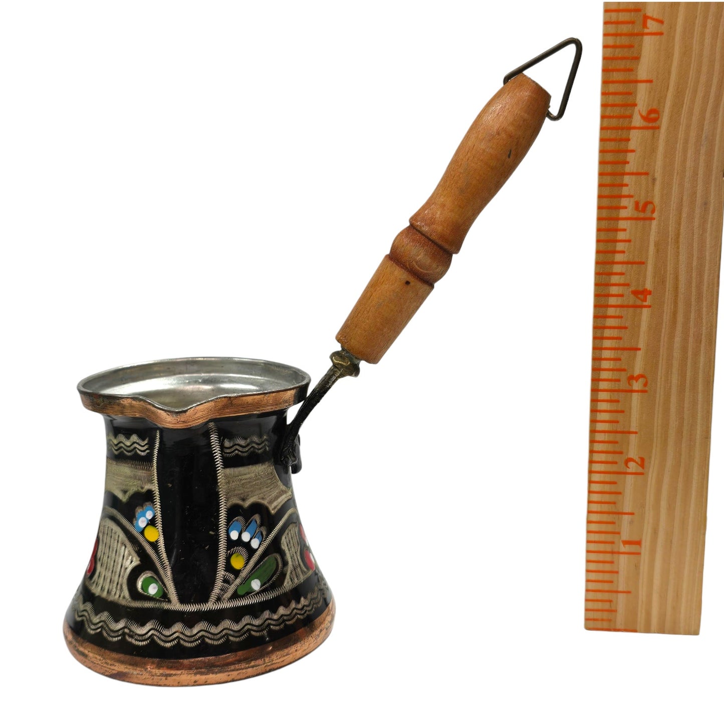 Vintage Hand Painted Copper Turkish Coffee Pot 6oz Enamel Floral Folk Art Cezve w/ Wood Handle