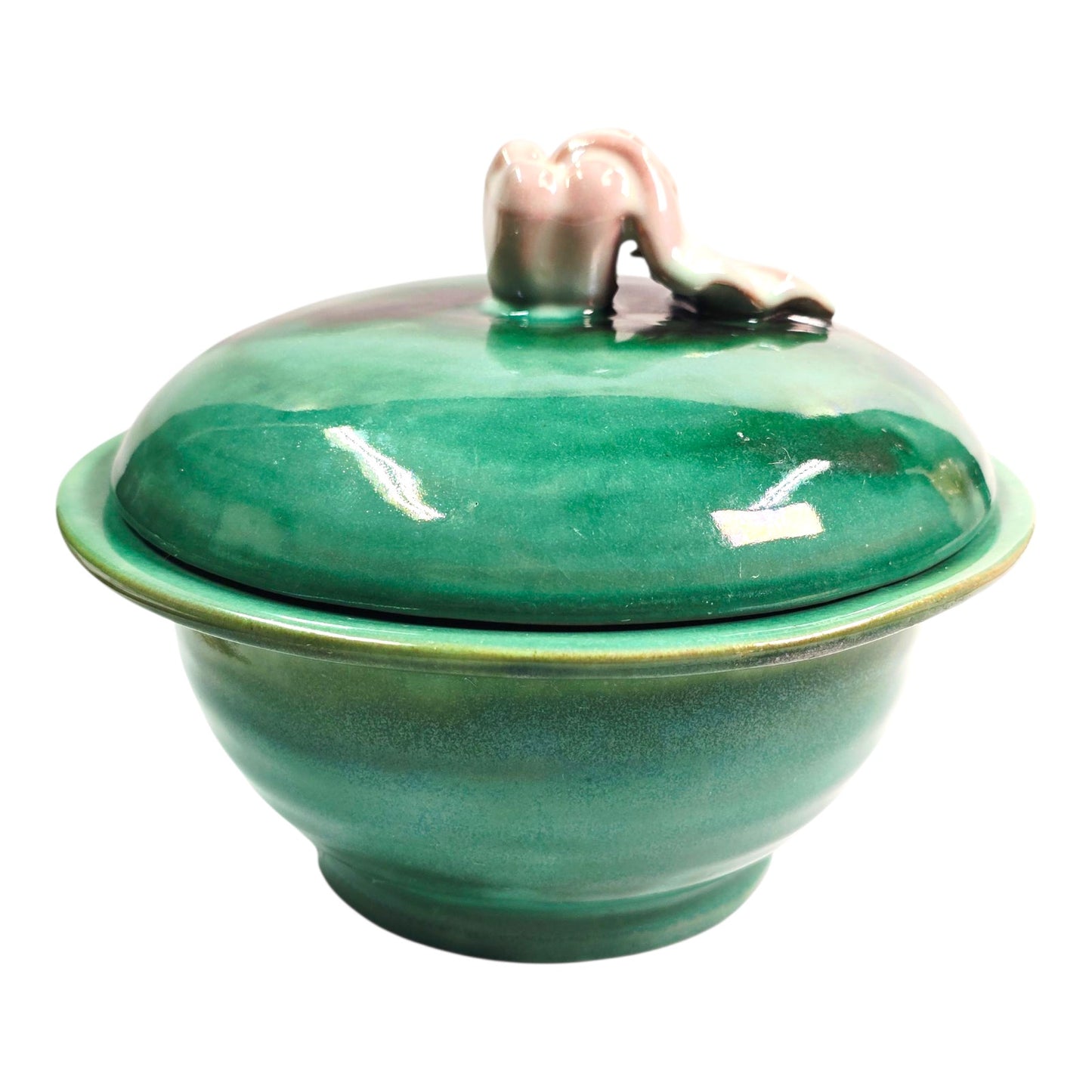 Vintage Stengl Pottery GreenTerra Rose Lidded Bowl Rose Finial Made in Trenton USA