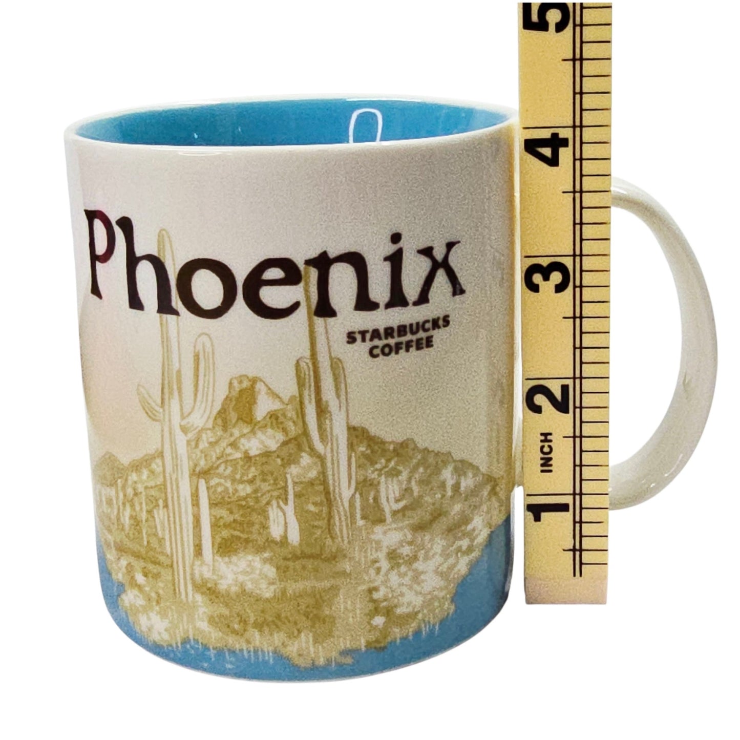 Starbucks Coffee Mug Phoenix City Scene Desert Cactus 16 oz Blue Interior 2012