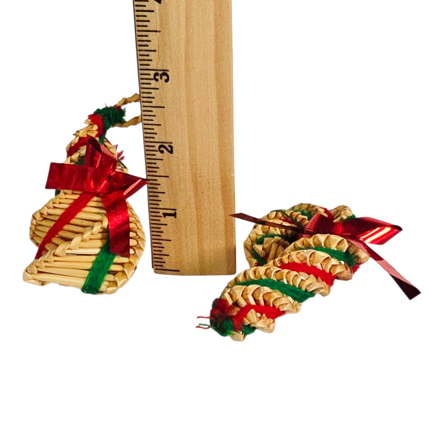 Vtg Folk Art Mexican Siral Woven Christmas Ornaments Set of 2 Tree & Candy Cane