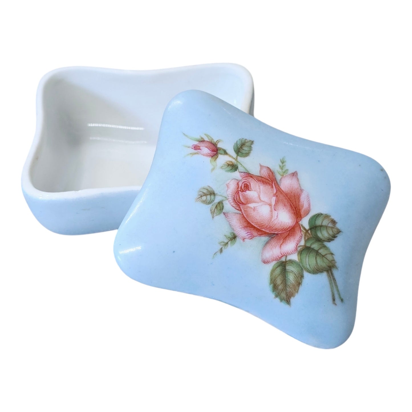 * 1960's Signed Beautiful Rose in Bloom Blue Porcelain Vintage Trinket Box