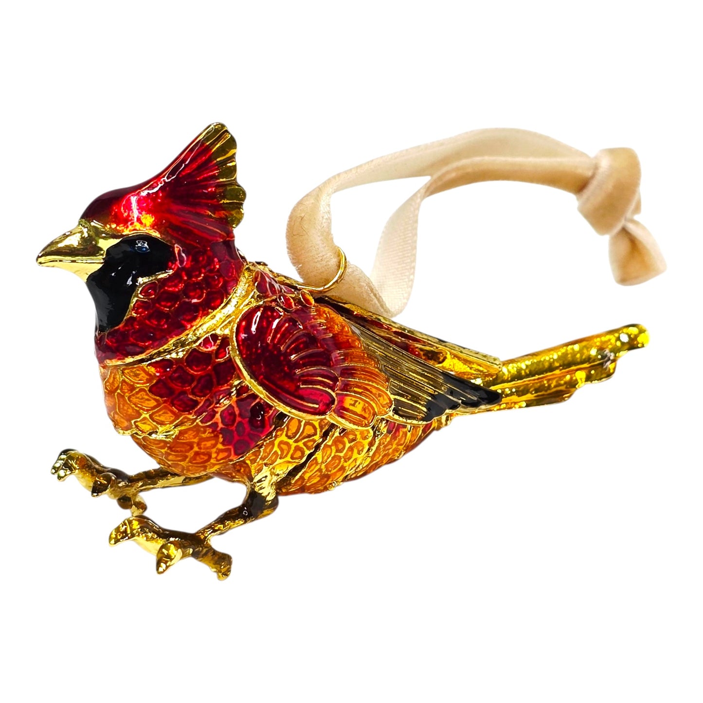 Vtg Pier 1 Cloisonné Cardinal Bird Ornament Red Gold Enamel Holiday Boxed