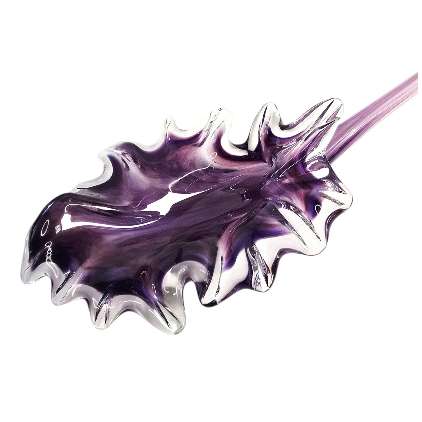 Hand-Blown Purple Trumpet Art Glass Flower Curved Up Stem, Blowing Leaf