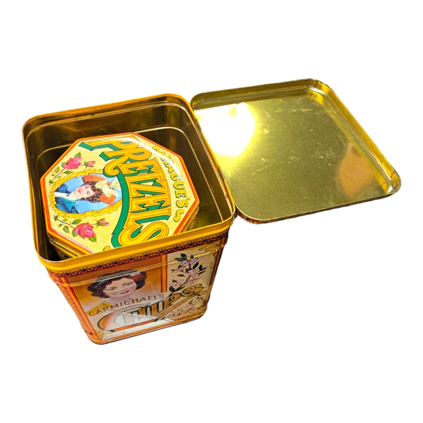 4 pc Vintage Nesting Tin Cannisters, Carmichael's Chips, Hague's Pretzels, Radford's Roasted Nuts and Radford's Spice Jar