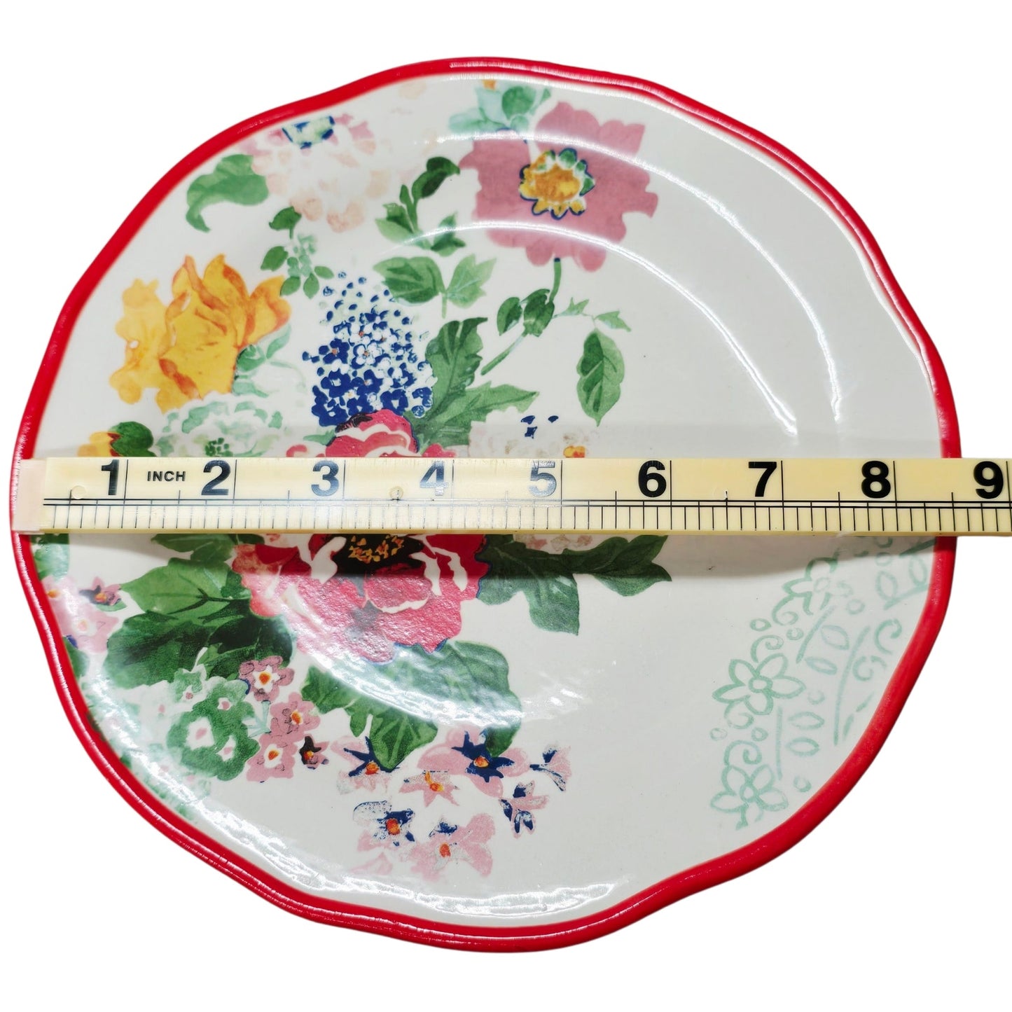 Pioneer Woman Floral Medley Salad Dessert Plates 8.25" Red Rim Set/2
