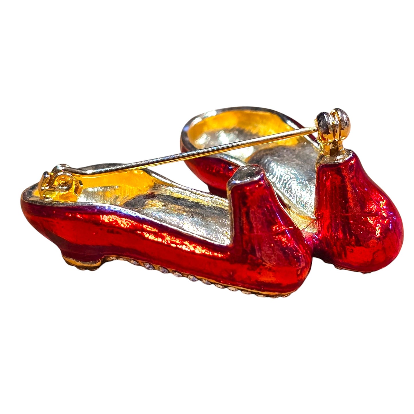 AS IS Ruby Slippers Red Enamel Rhinestone Accents Bow Red Shoes Pin Brooch Jewelry