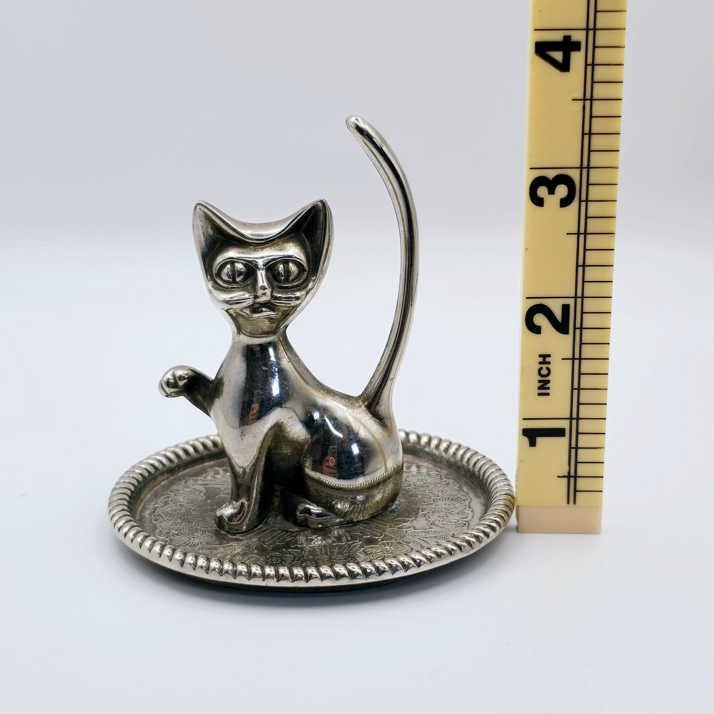 Vintage Silver Plated Cat Ring Holder with Ornate Trinket Underplate