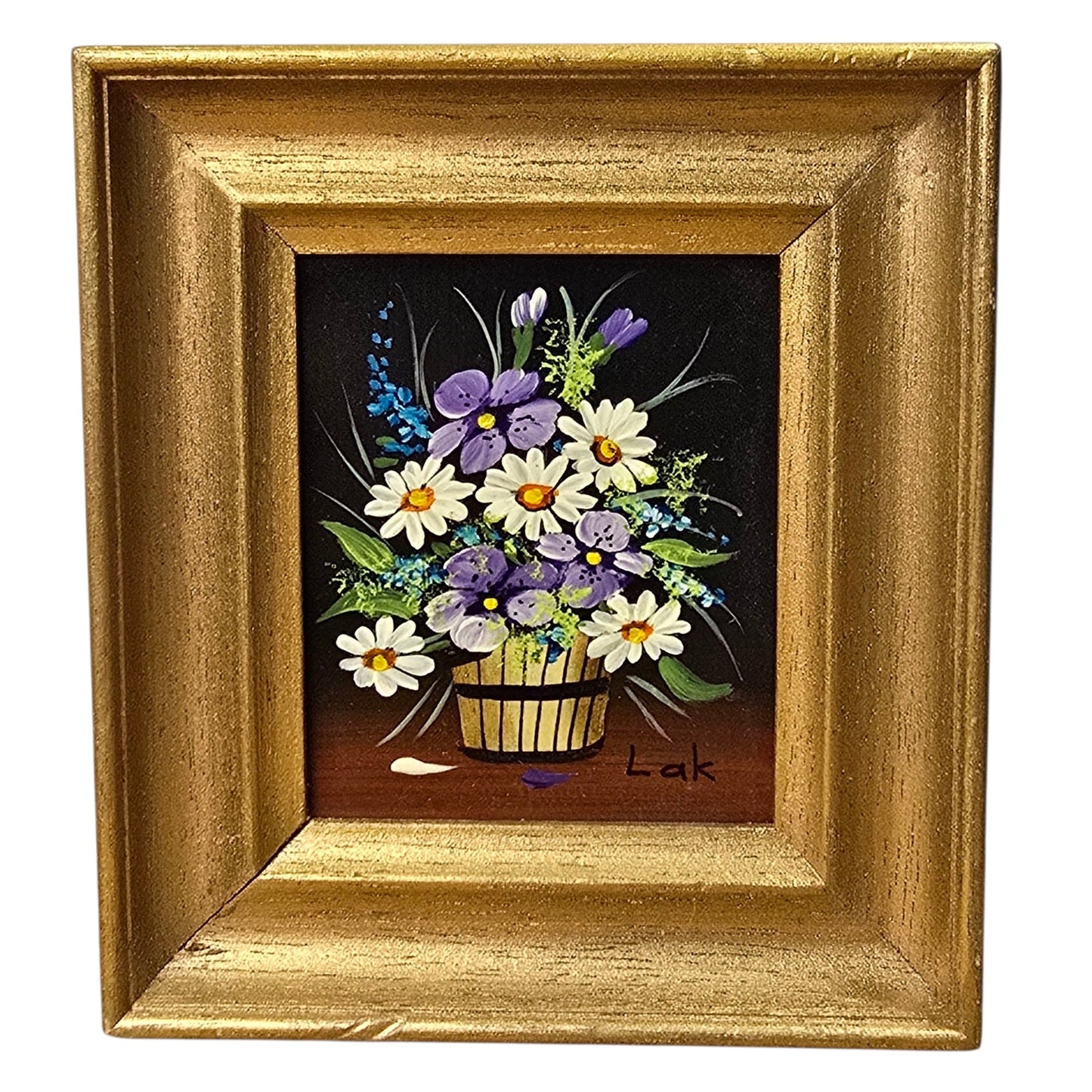 Vtg Miniature Floral Still Life Painting by Lak Gold Wood Frame Daisy & Violets