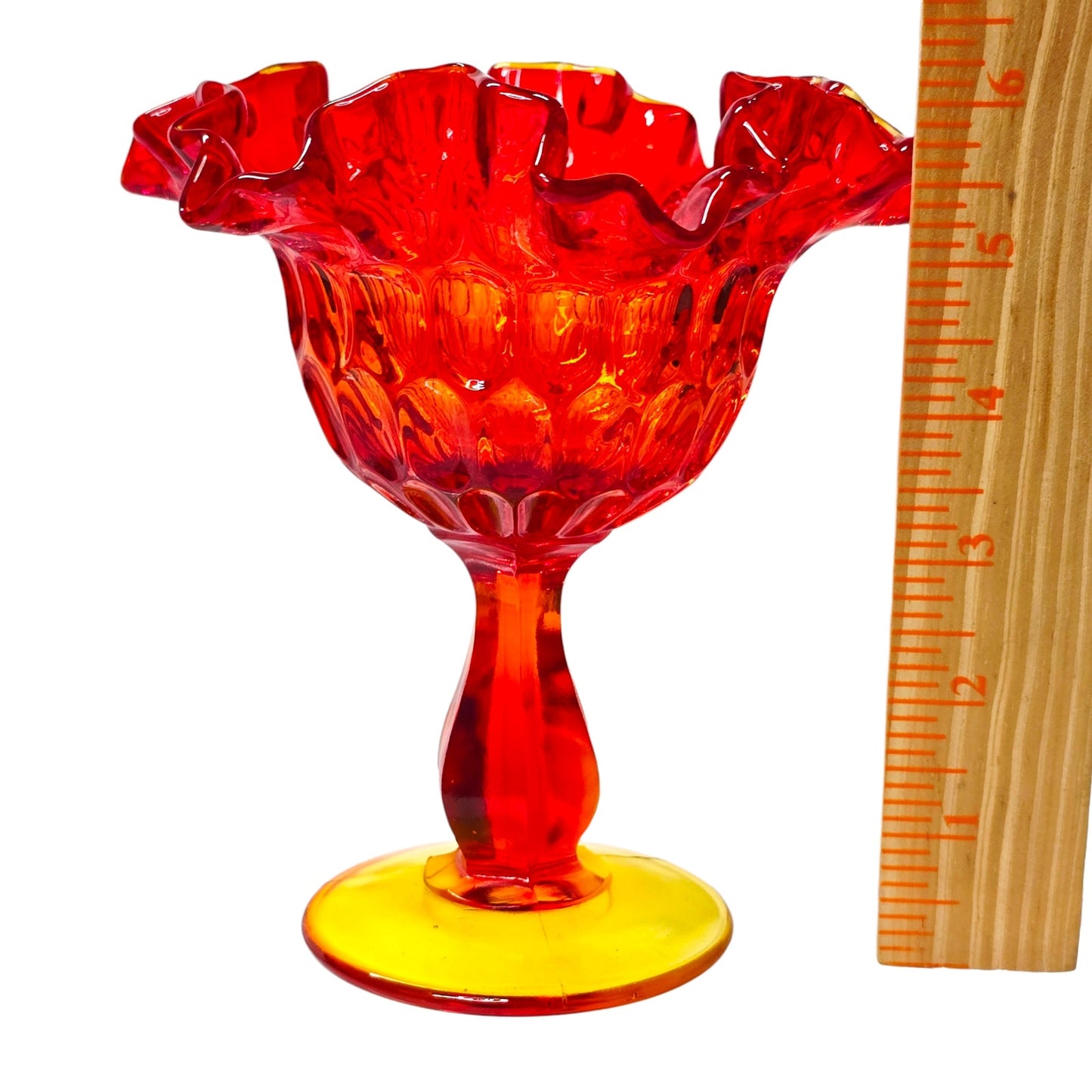 Fenton Thumbprint Amberina Compote Pedestal Bowl Ruffled Red Cadmium Glow Vtg
