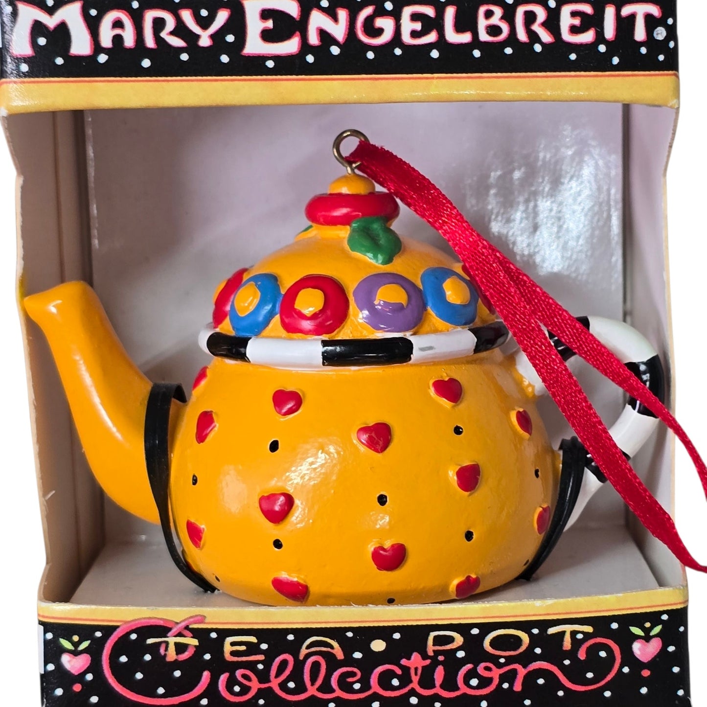 Set of 2 ME Mary Englebreit Mini Teapot Ornaments New in Box Blue Sunflowers Yellow Hearts
