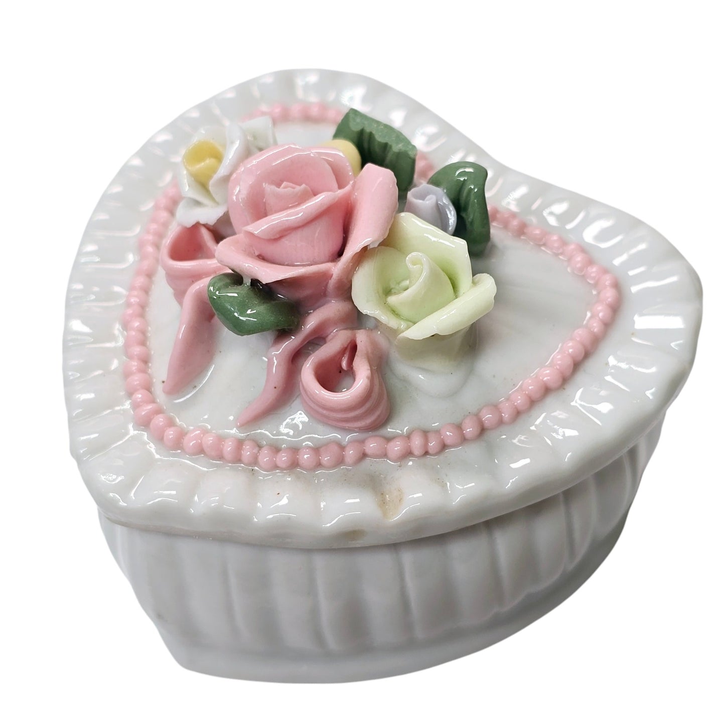 AS IS Vintage Heart Shaped Porcelain Trinket Box Ring Holder with Roses Accents