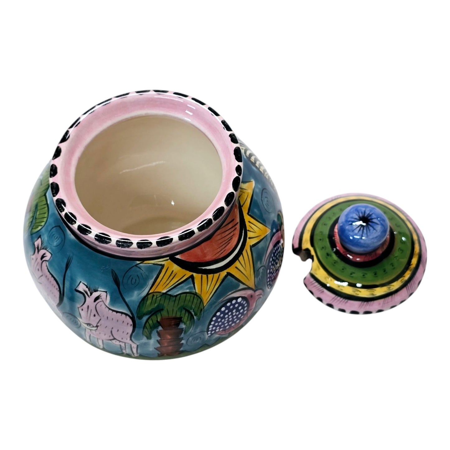Vtg Penzo Pottery Zimbabwe Signed Hand Painted Lidded Sugar Dish African Safari
