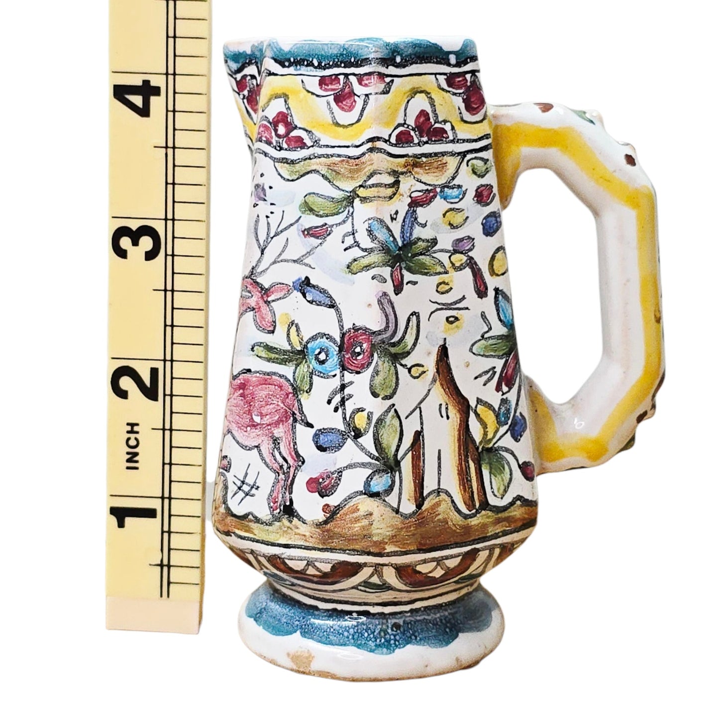 Gerardos Portugal Hand Painted Majolica Creamer Pitcher Deer Rabbit Floral 4.25"