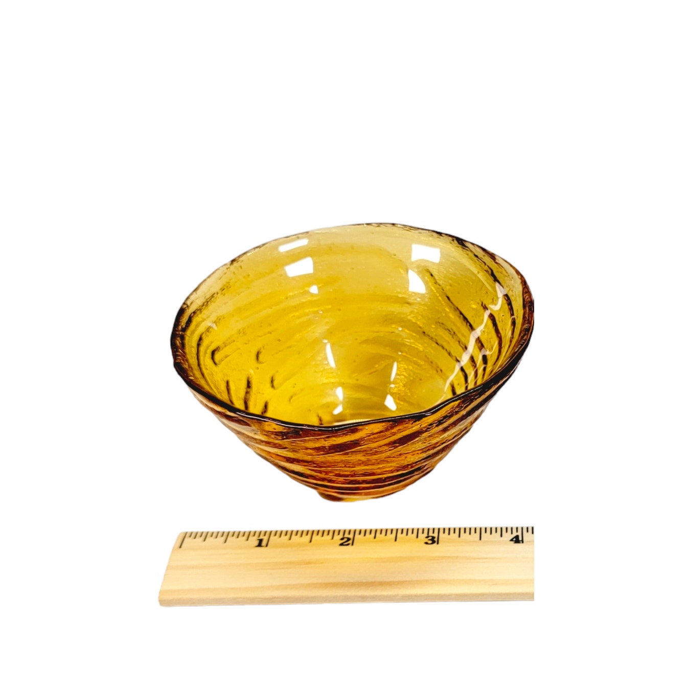 Swirled Ribbed Footed Amber Glass Bowl, Amber Glass Trinket Dish