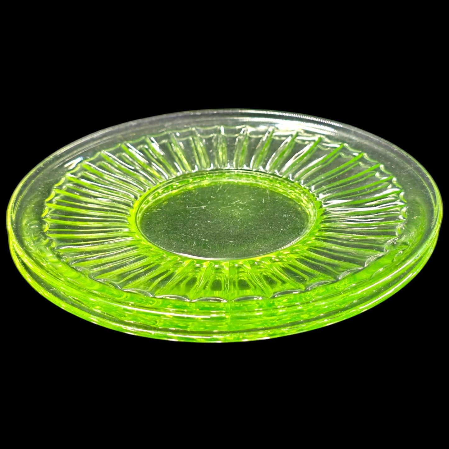 Set of 2 Vintage Uranium Glass Dessert Plates Optic Green 6"