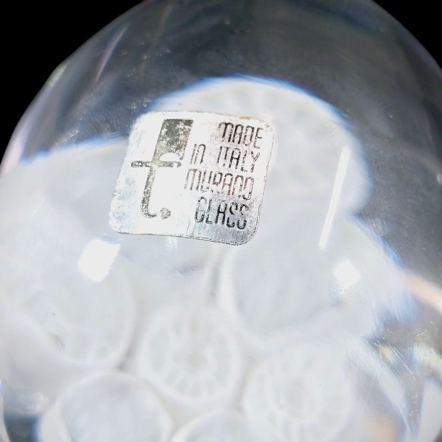 Vintage Murano Glass Egg, Concentric White Millefiori on Acrylic Base, 3.75" H Egg, Original Sticker