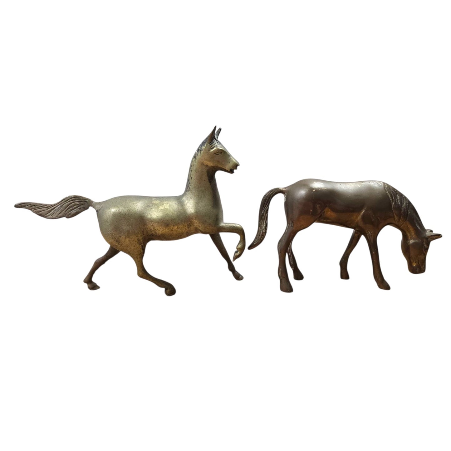 Vintage Brass Horses Prancing / Grazing Brass Horse Figurines, Patina Anatomical