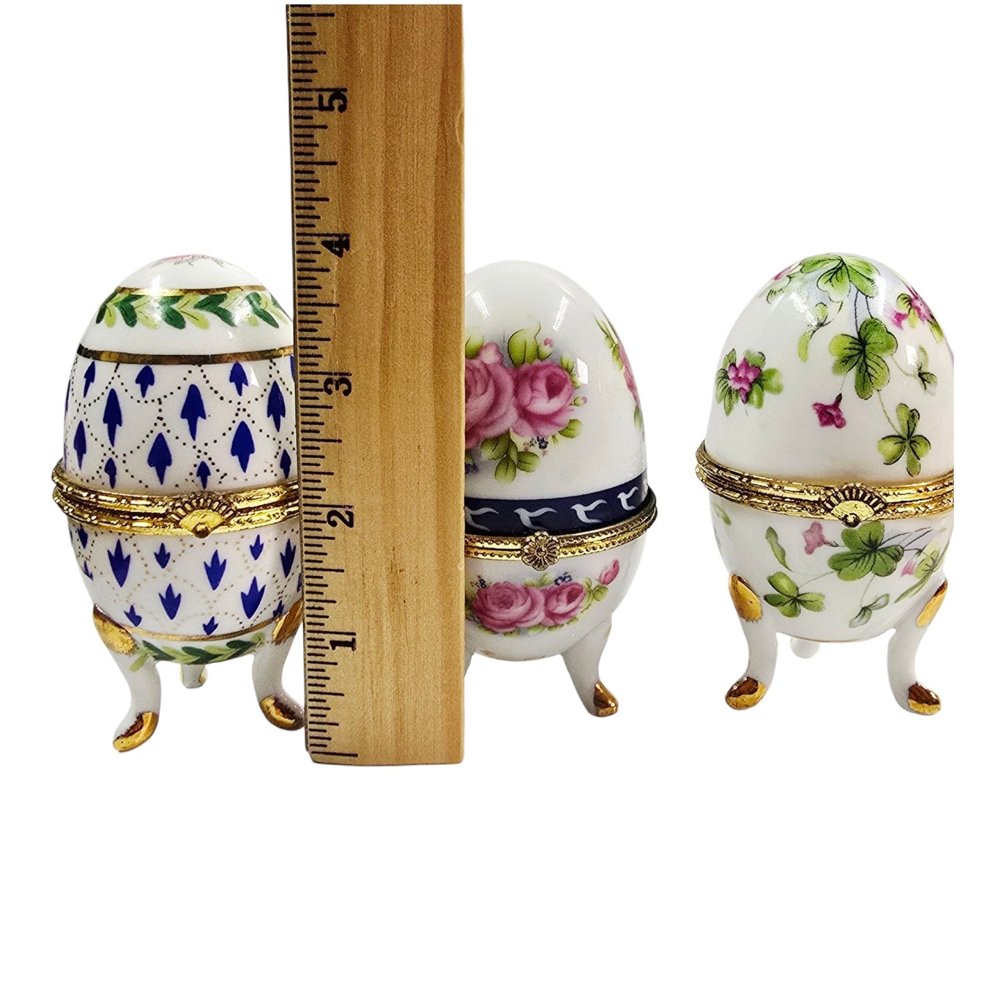 Set of 3 Vintage Porcelain Footed Egg Trinket Boxes Hinged Floral Tripod Base