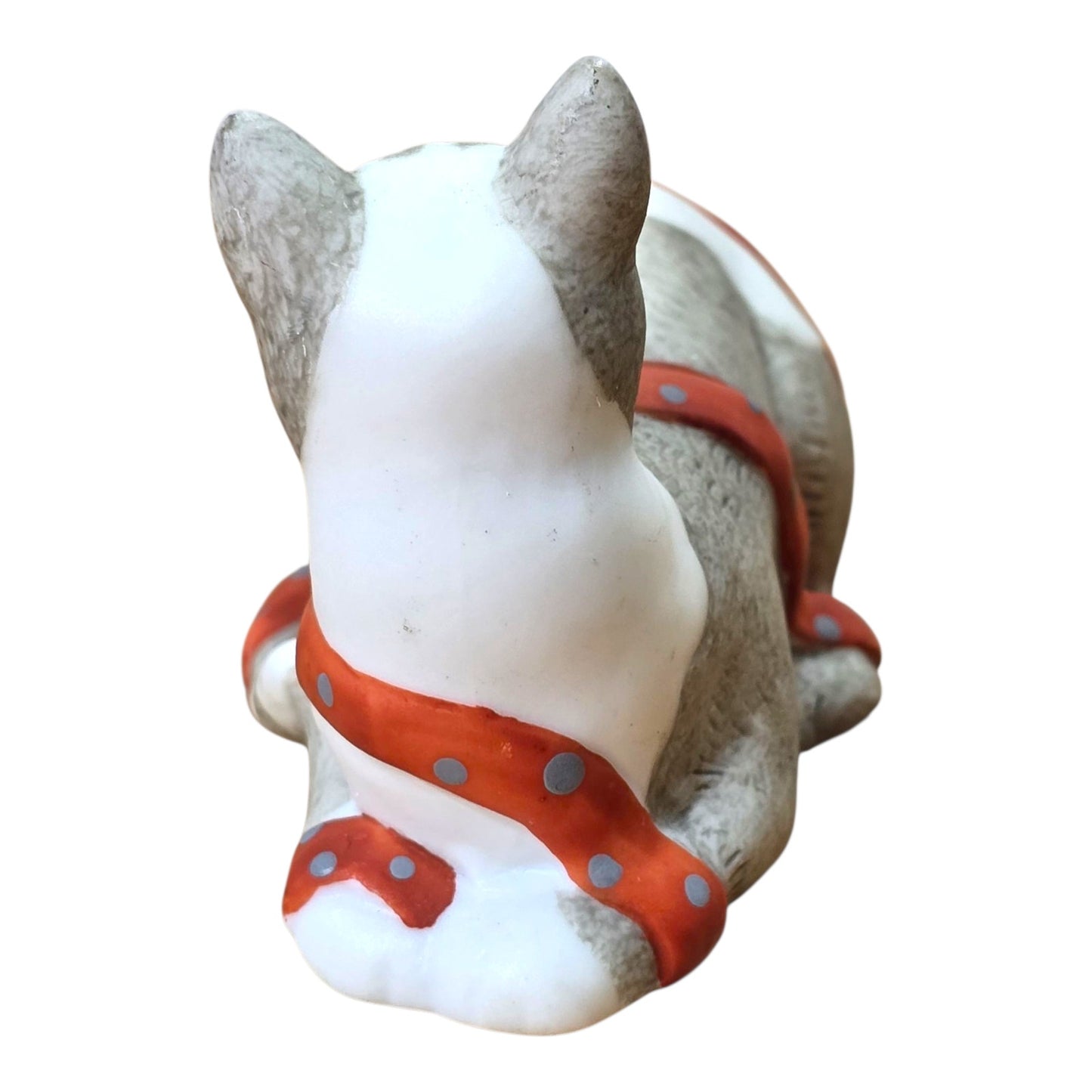Vtg Silvestri Cat Figurine Handcrafted Taiwan Ceramic Gray White Orange Ribbon