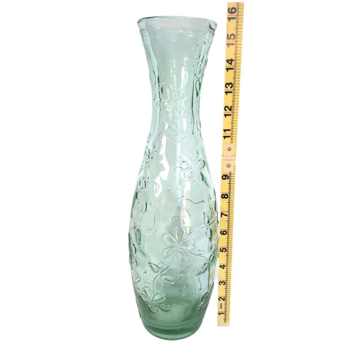 Vintage 1990s Green Recycled Glass Vase Embossed Floral Daisy 15.75" Tall