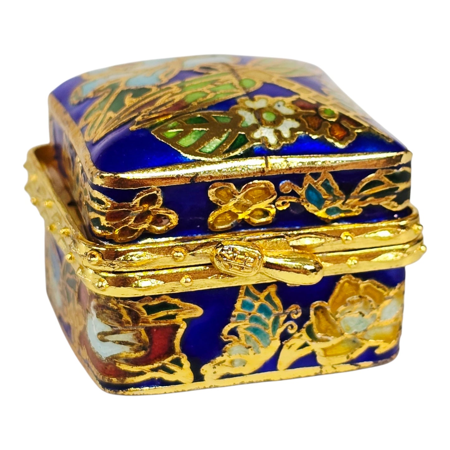 Vintage Cloisonne Trinket Box, Dragonfly & Floral Design
