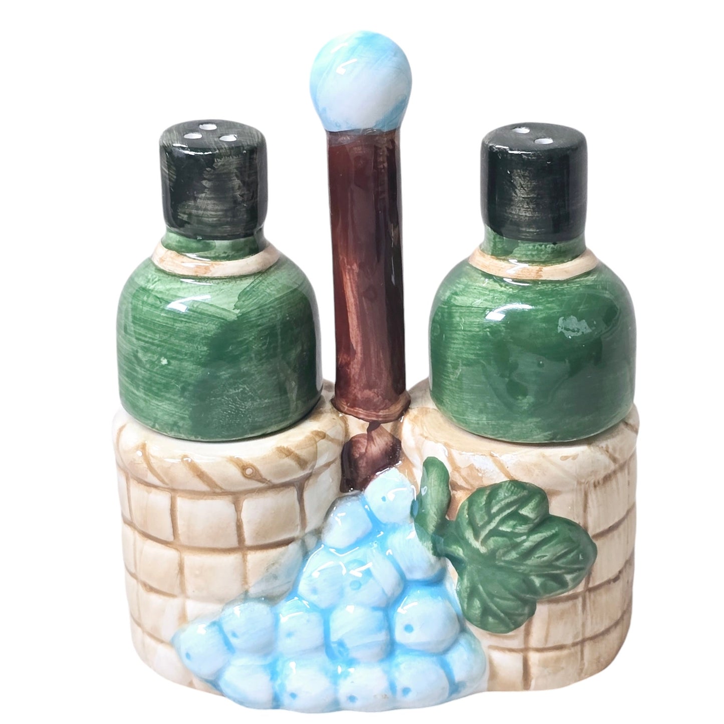 Vintage ALCO Wine Bottles Salt & Pepper Shaker Set in Basket Caddy Ceramic