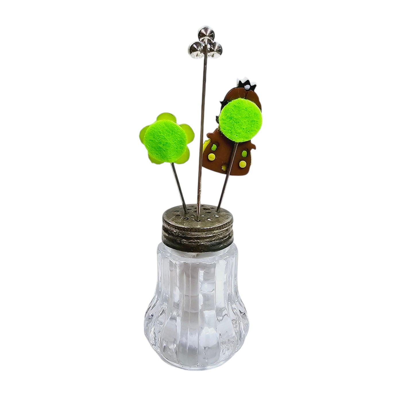 Vintage Green Whimsical Princess Salt Shaker Hat Pin Display