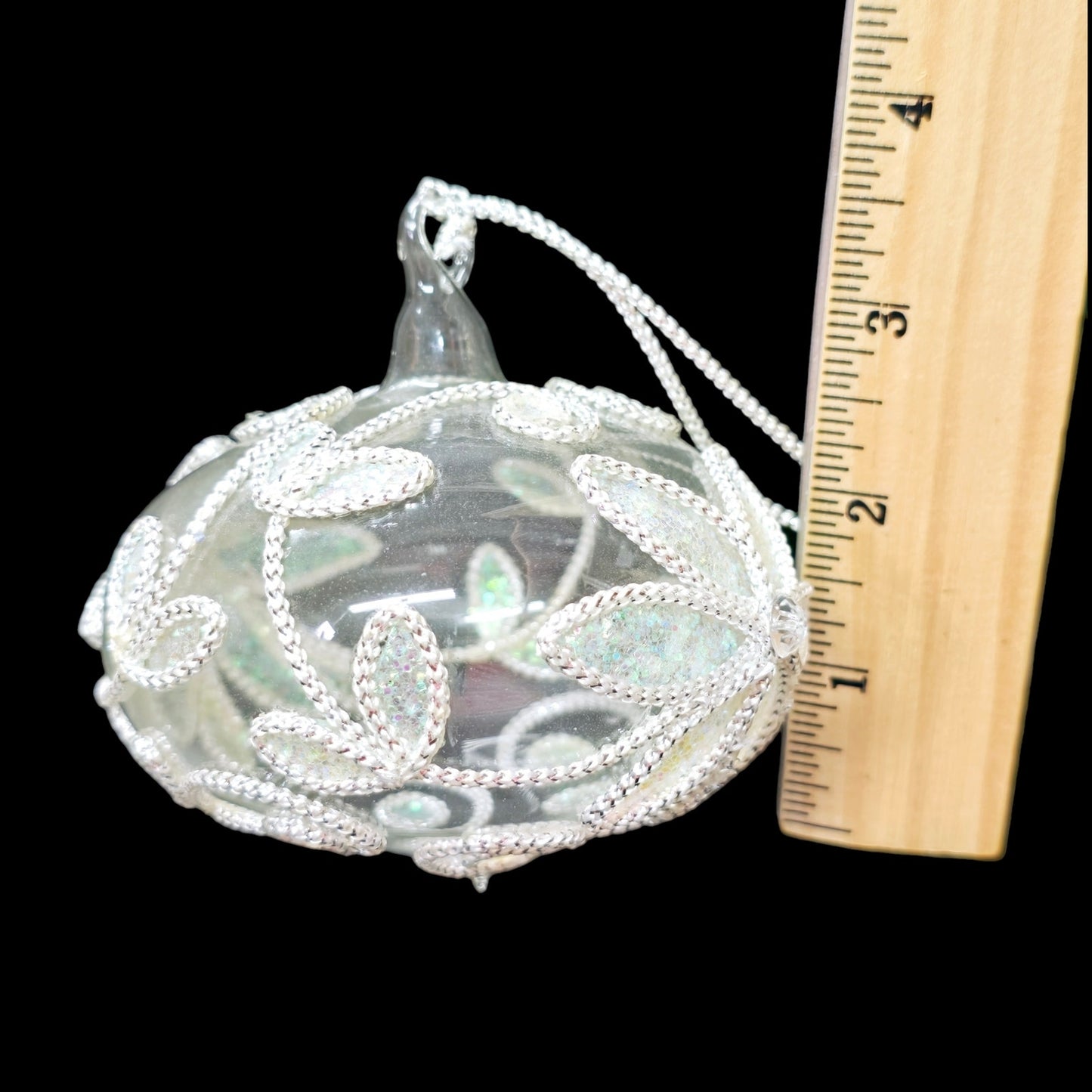 Glass Embellished Ornament, White Iridescent Floral Trim