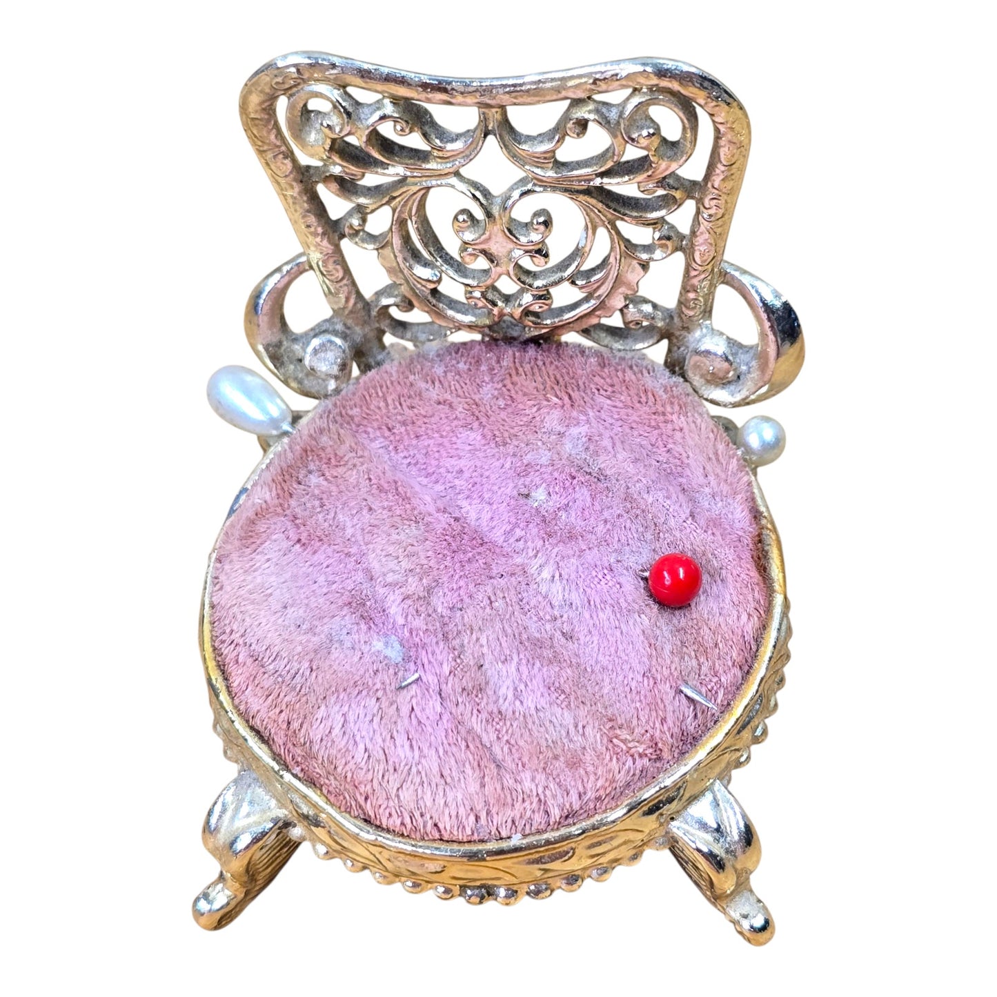 Vtg Sam Fink Miniature Chair Pin Cushion Ornate Gold Filigree Sewing Dollhouse