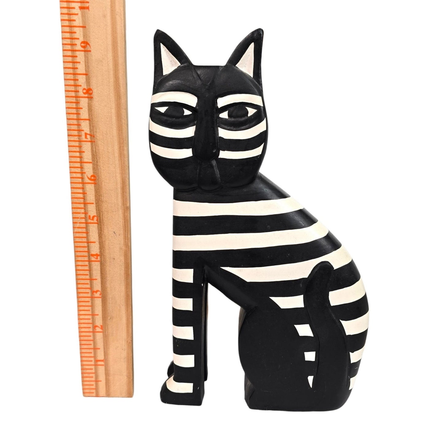 Vintage Hand-Painted Wooden Cat Figurine Tuxedo Folk Art Tall Hand Carved 9.75"