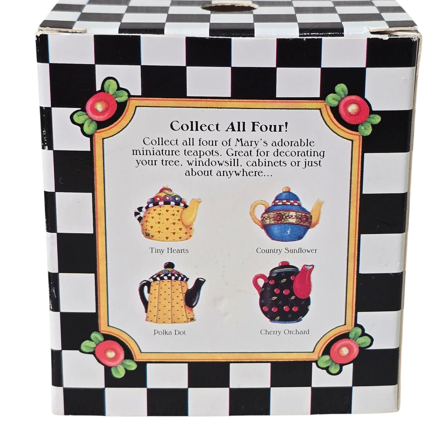 Set of 2 ME Mary Englebreit Mini Teapot Ornaments New in Box Blue Sunflowers Yellow Hearts