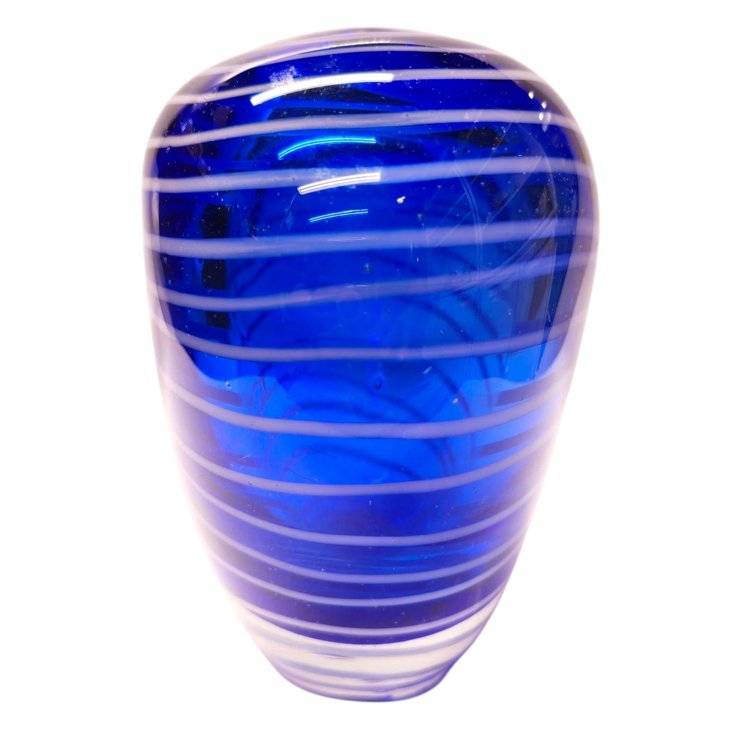 Hand Blown Art Glass Heart Shaped Vase with Blue White Stripes