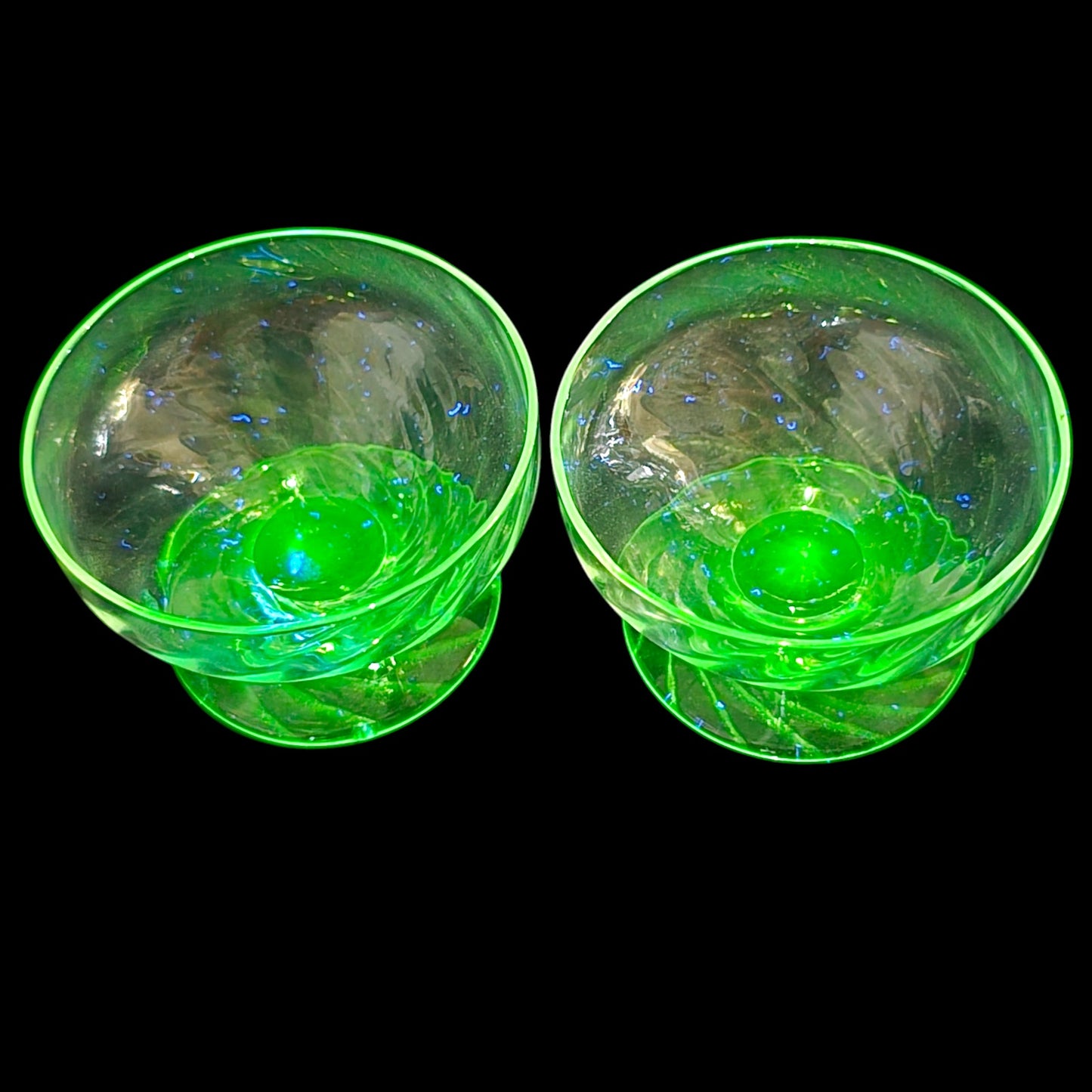 Vtg Uranium Glass Open Salts, 1.5" H, Optic Green Glass Pedestal Mini Glass Cups