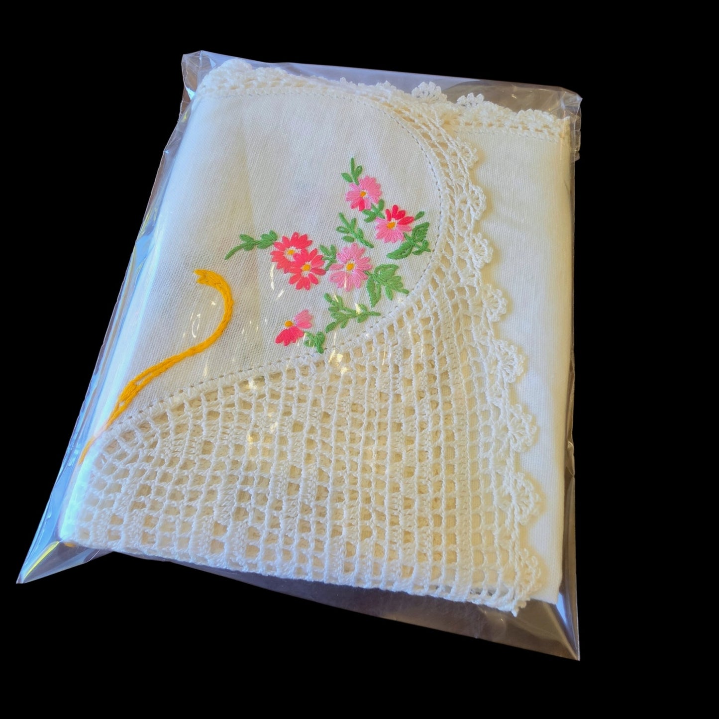 Vintage 3 Pc Crinoline Lady Dresser Scarf Set Linen Crochet Lace Bow Flower Bird