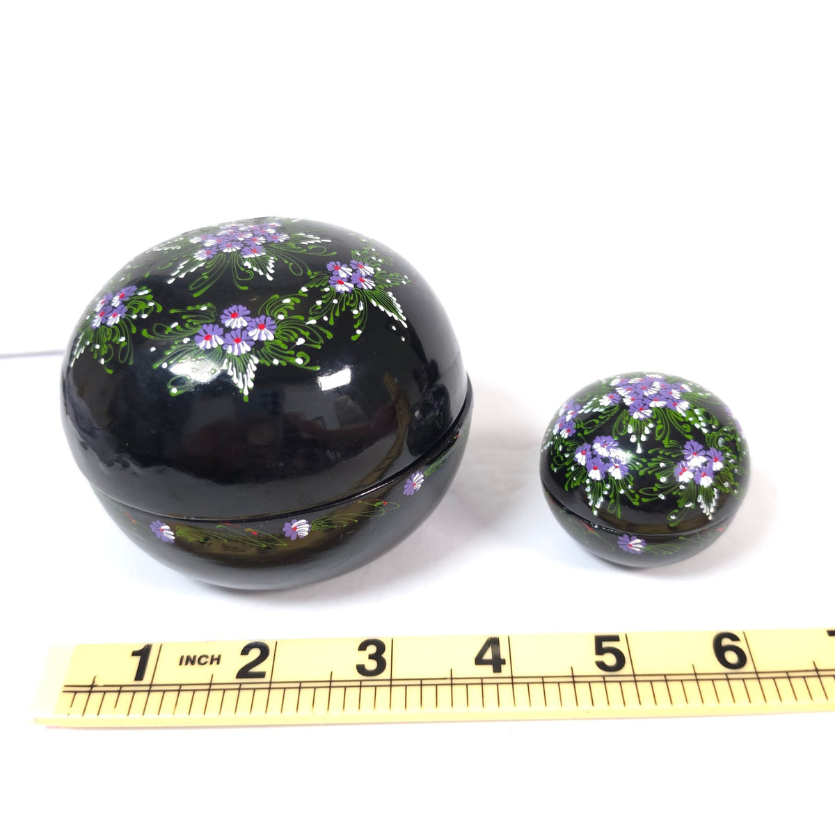 Hand Painted Black Floral Nesting Trinket Boxes Set of 2 Purple Flowers