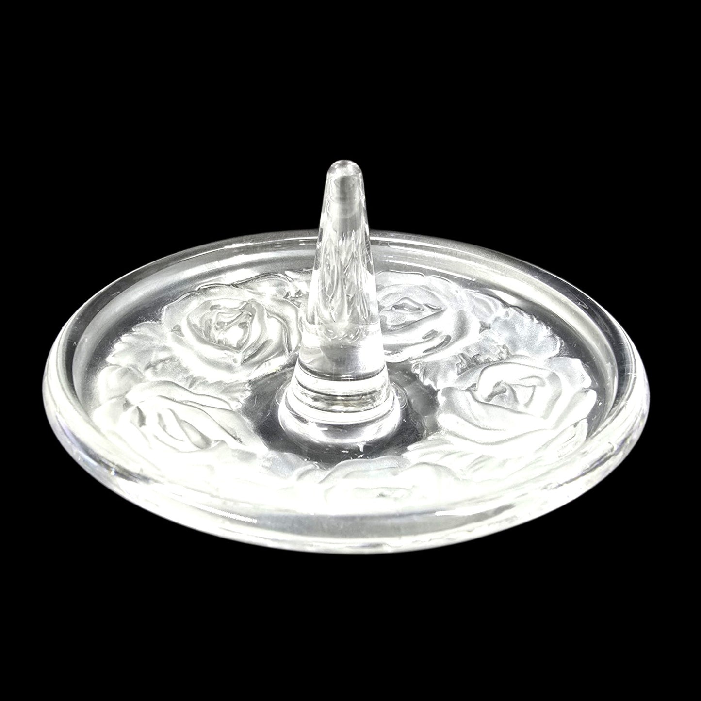 Vintage Clear Glass Ring Holder Dish with Frosted Rose Design Jewelry Tray